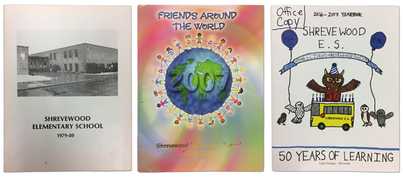 Composite image showing the covers of three Shrevewood Elementary School yearbooks.